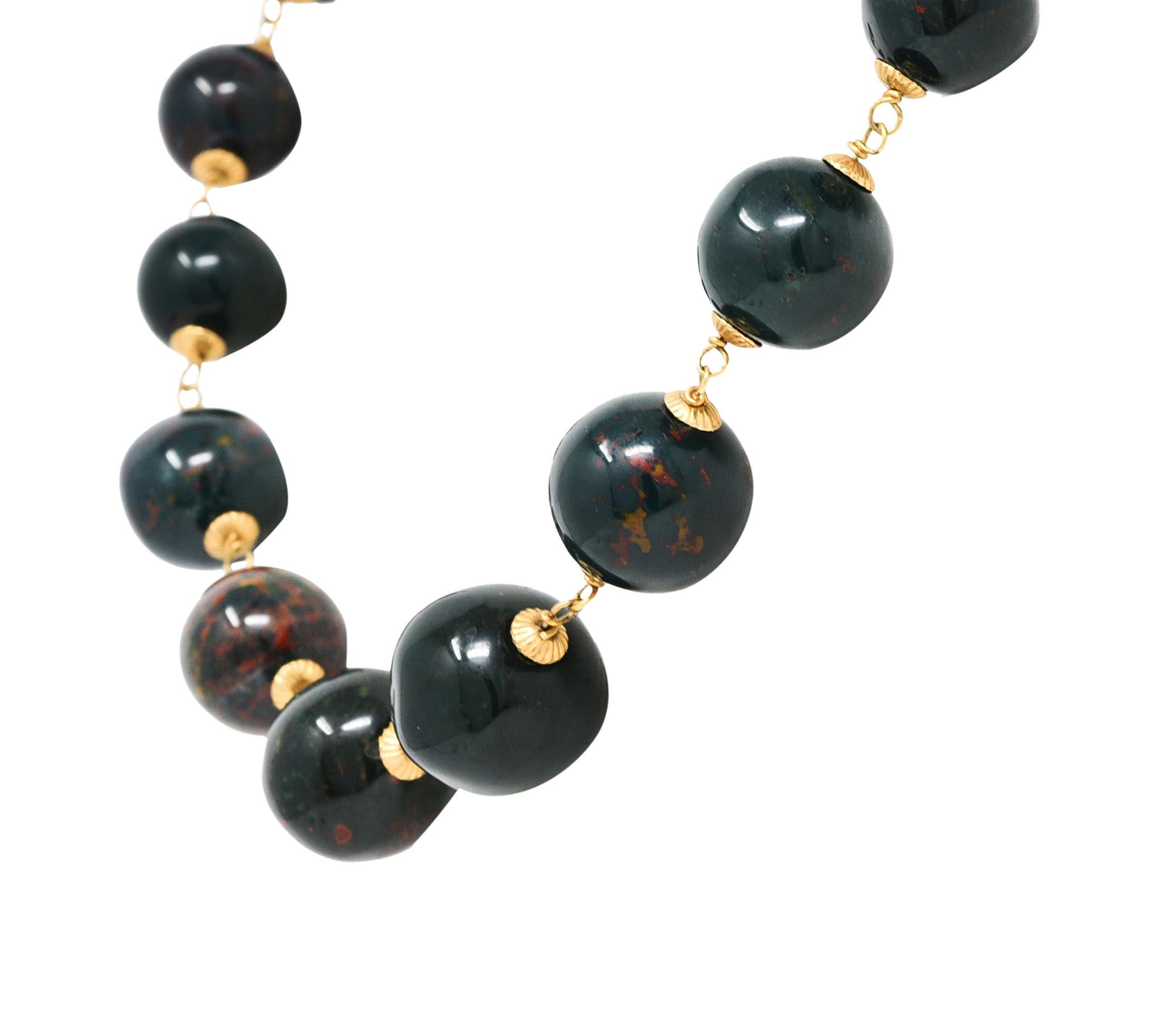 Vintage Bloodstone 14 Karat Gold Beaded Strand Necklace In Excellent Condition In Philadelphia, PA