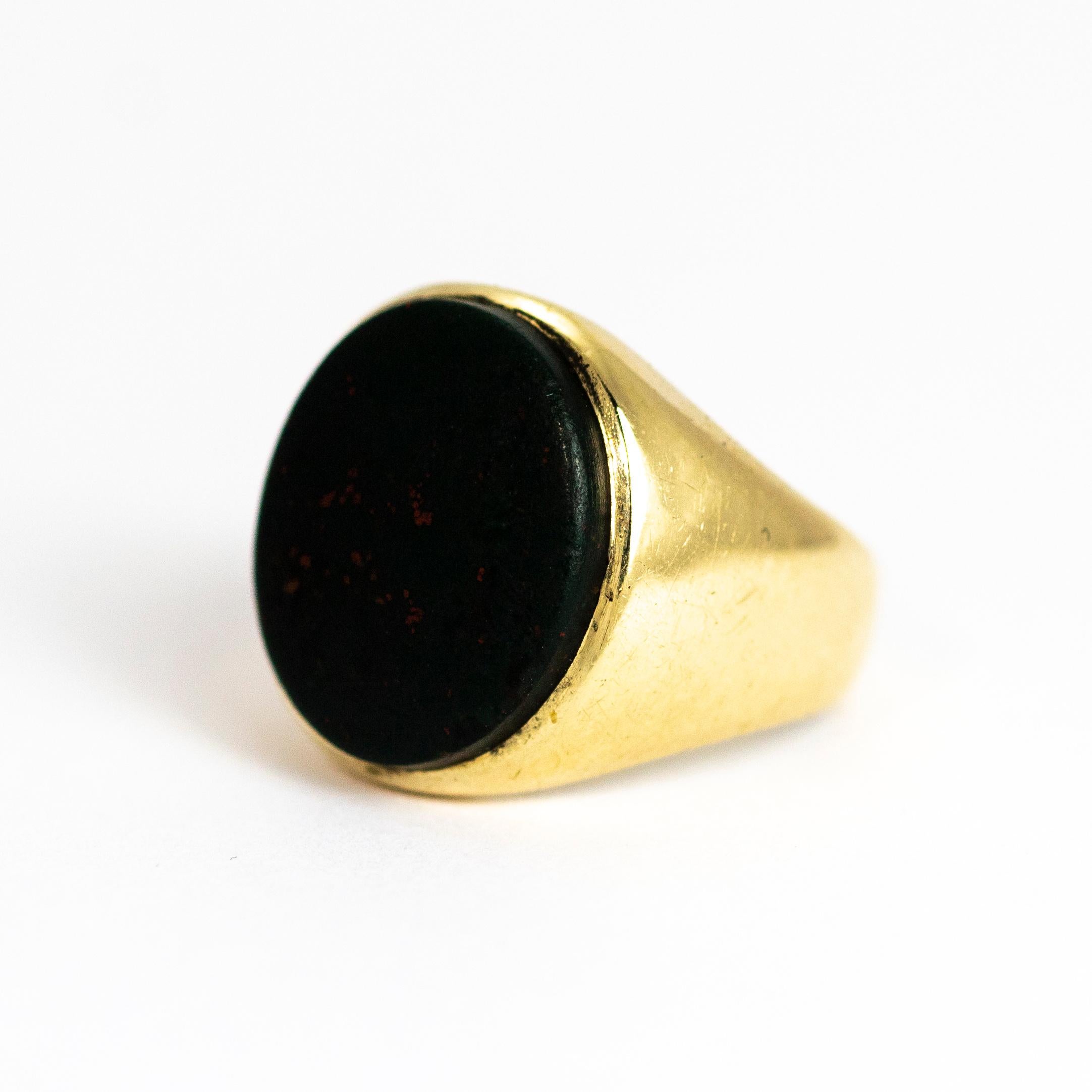 Beautiful Bloodstone set in a chunky 9ct gold ring. The great thing about bloodstone signet rings is that they are unisex!

Ring Size: G 1/2 or 3 1/2
