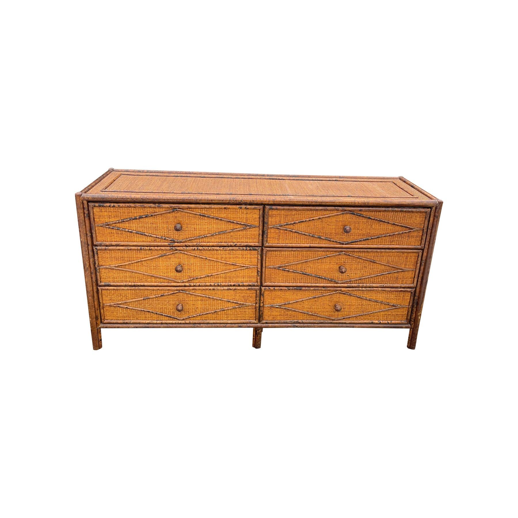 American Vintage Bloomingdale’s Rattan Wicker Dresser in Coastal British Colonial Style