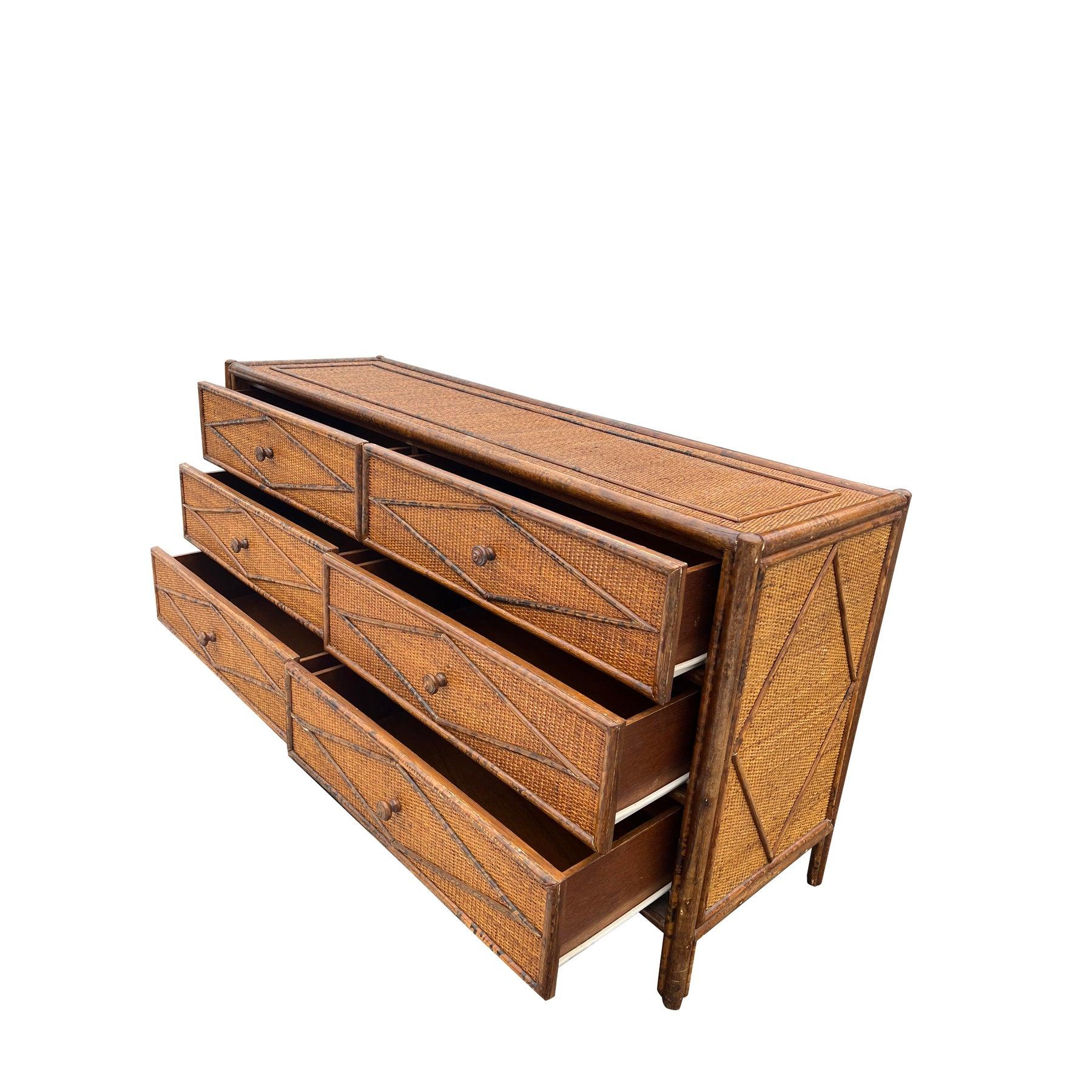Vintage Bloomingdale’s Rattan Wicker Dresser in Coastal British Colonial Style 1