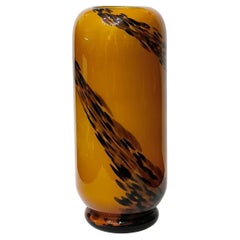 Vintage Blown Art Glass Flower Vase in Amber and Tortoise Pattern Swirl Decor