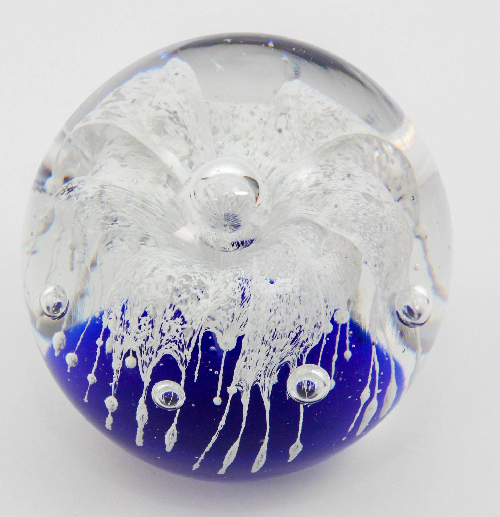 Vintage Blown Art Glass Paperweight Blue and White Flower For Sale 5