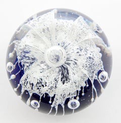 Vintage Blown Art Glass Paperweight Blue and White Flower