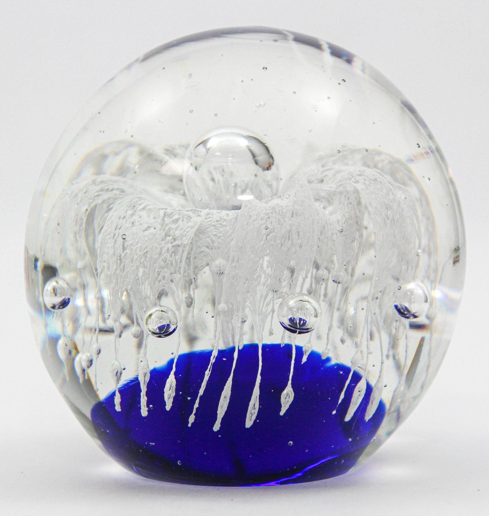 Post-Modern Vintage Blown Art Glass Paperweight Blue and White Flower For Sale