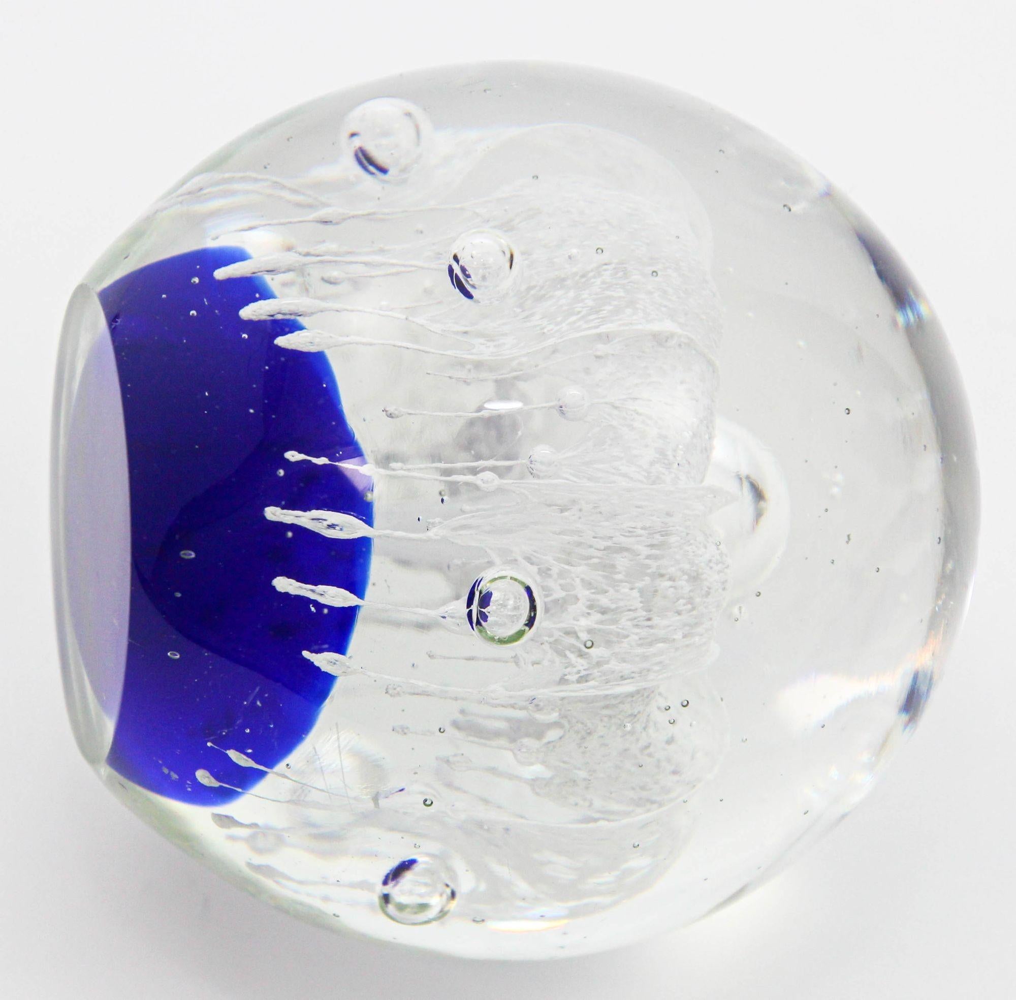 Vintage Blown Art Glass Paperweight Blue and White Flower For Sale 2