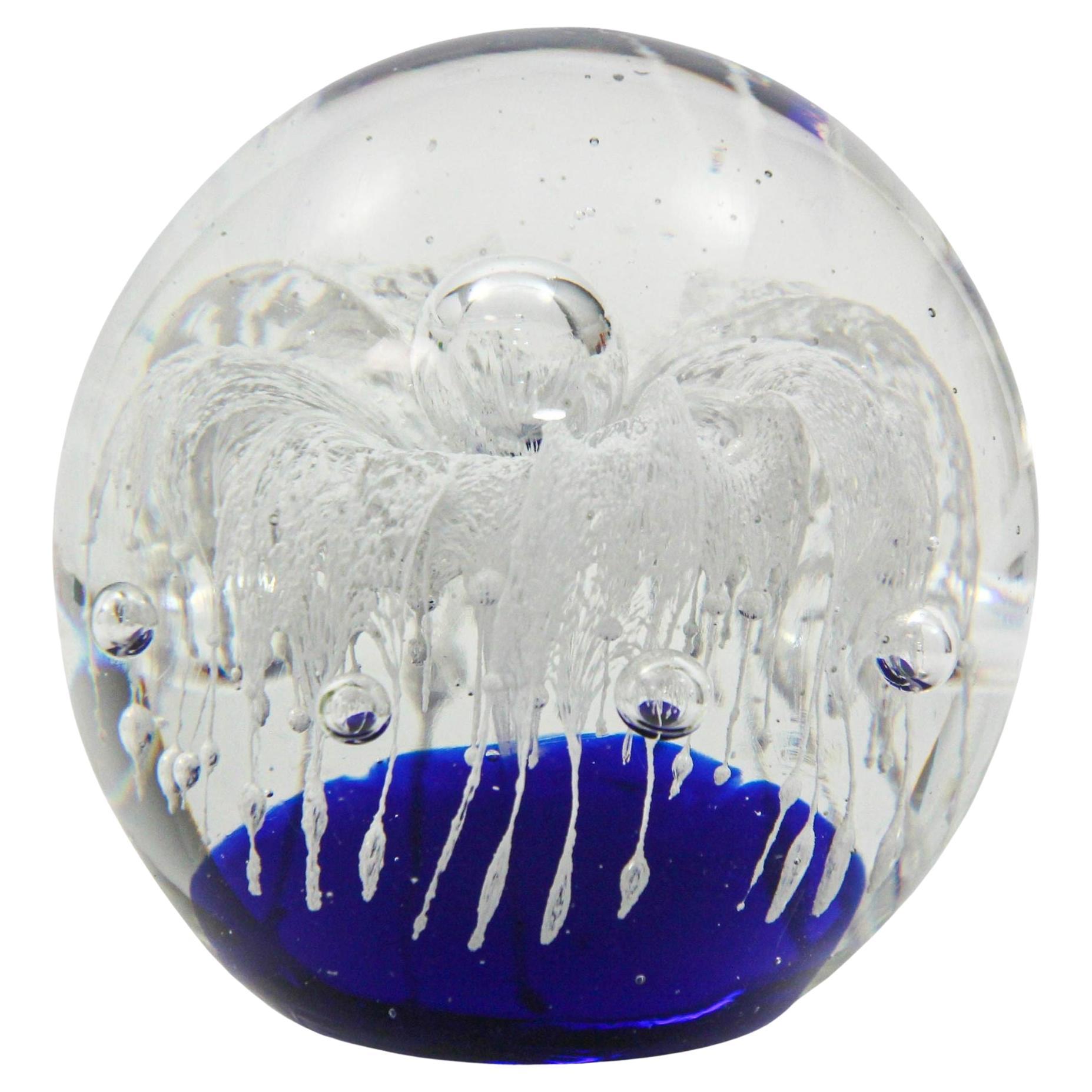 Vintage Blown Art Glass Paperweight Blue and White Flower