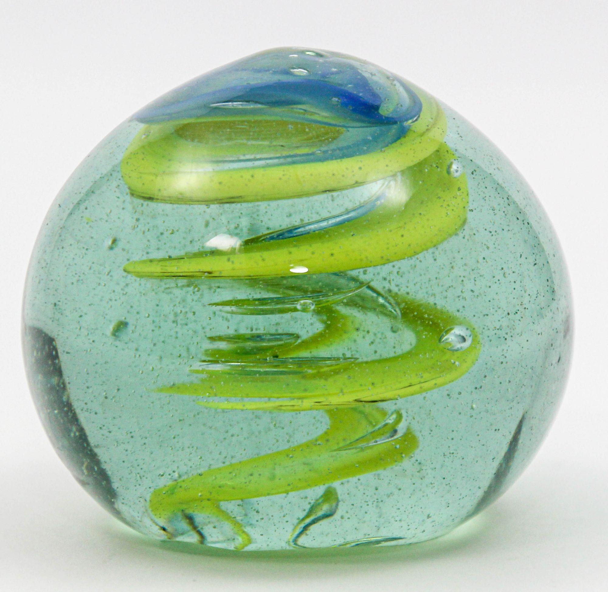 Italian Vintage Blown Art Glass Paperweight in Blue And Green Spiral 1960s For Sale