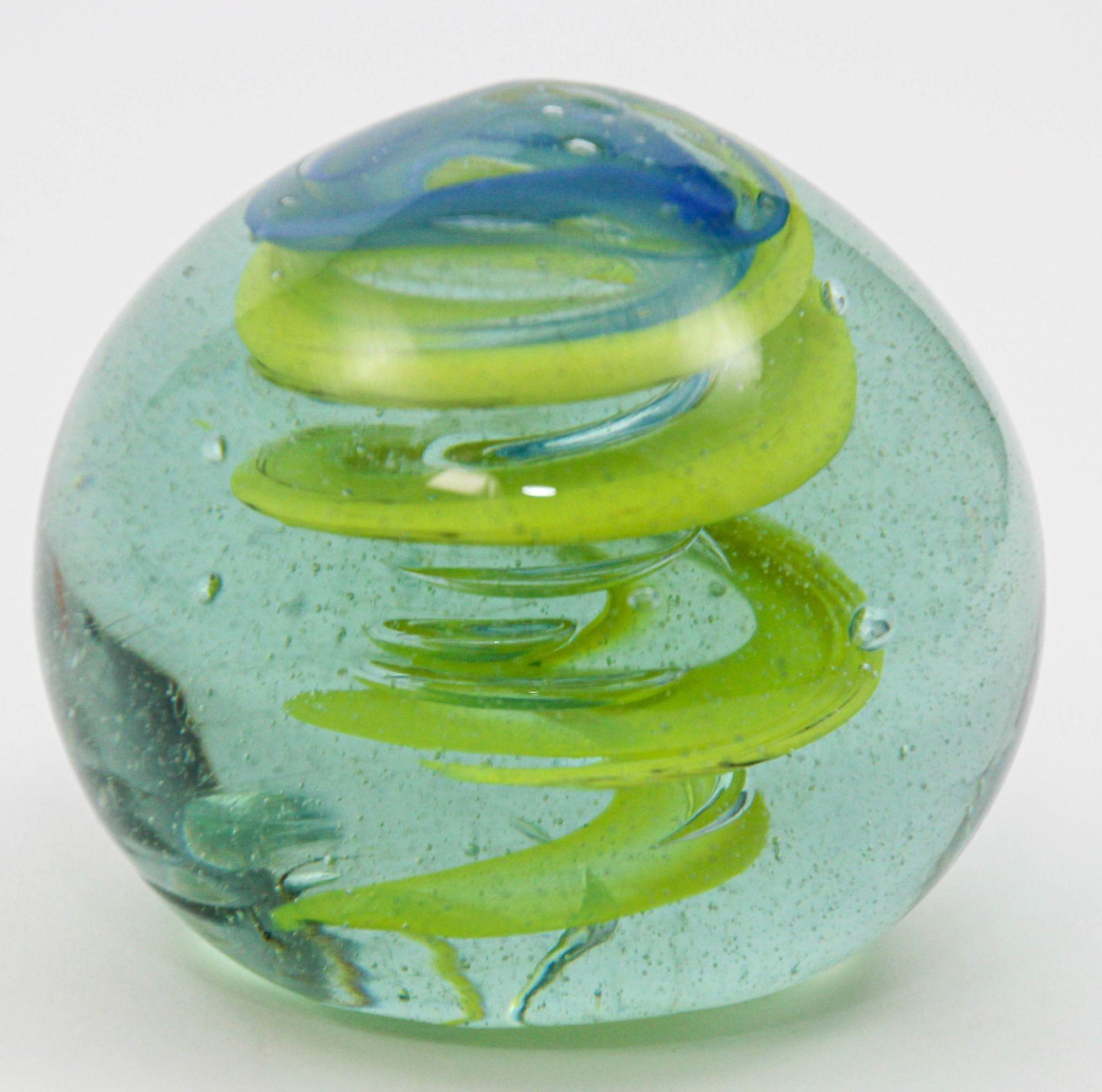 Hand-Crafted Vintage Blown Art Glass Paperweight in Blue And Green Spiral 1960s For Sale