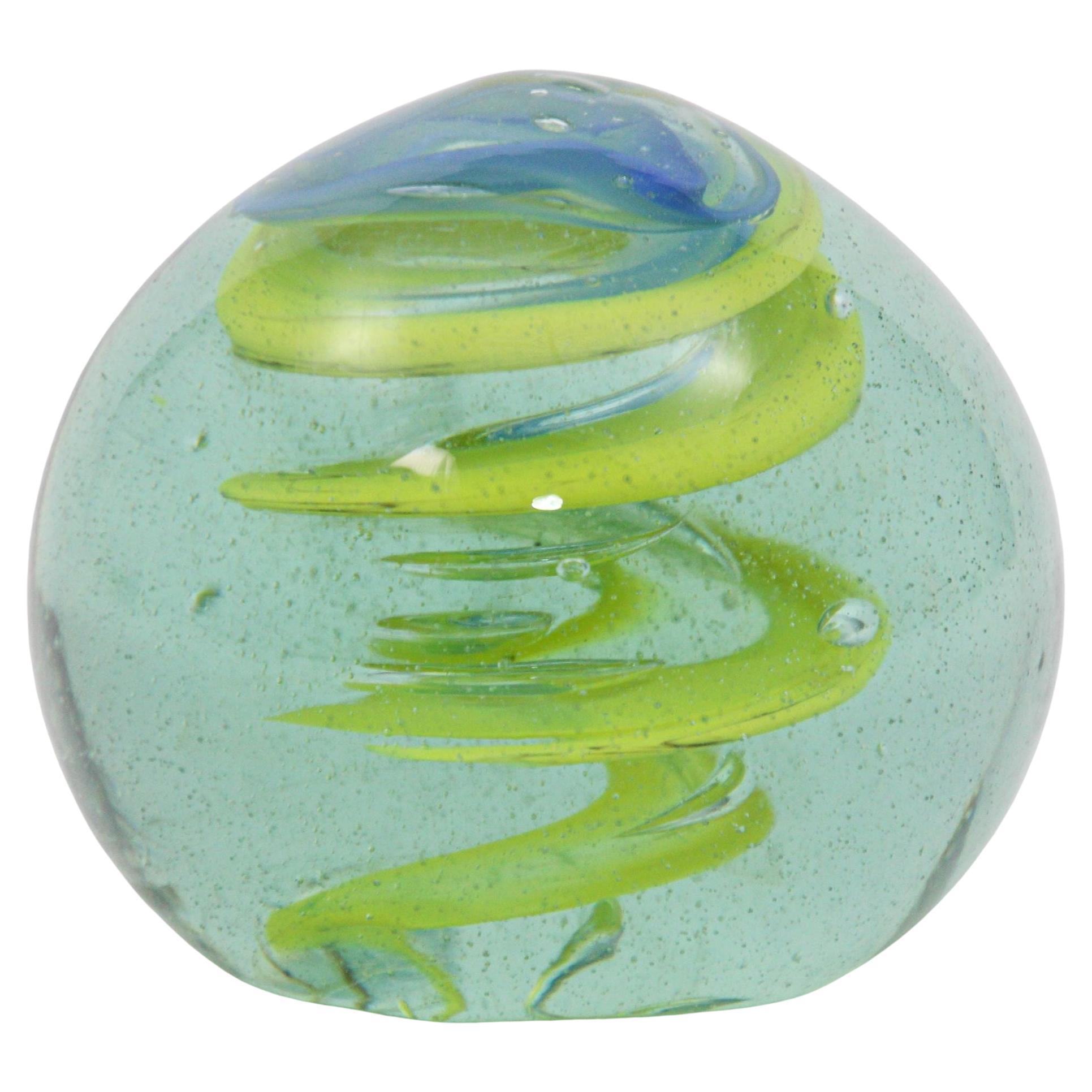 Vintage Blown Art Glass Paperweight in Blue And Green Spiral 1960s