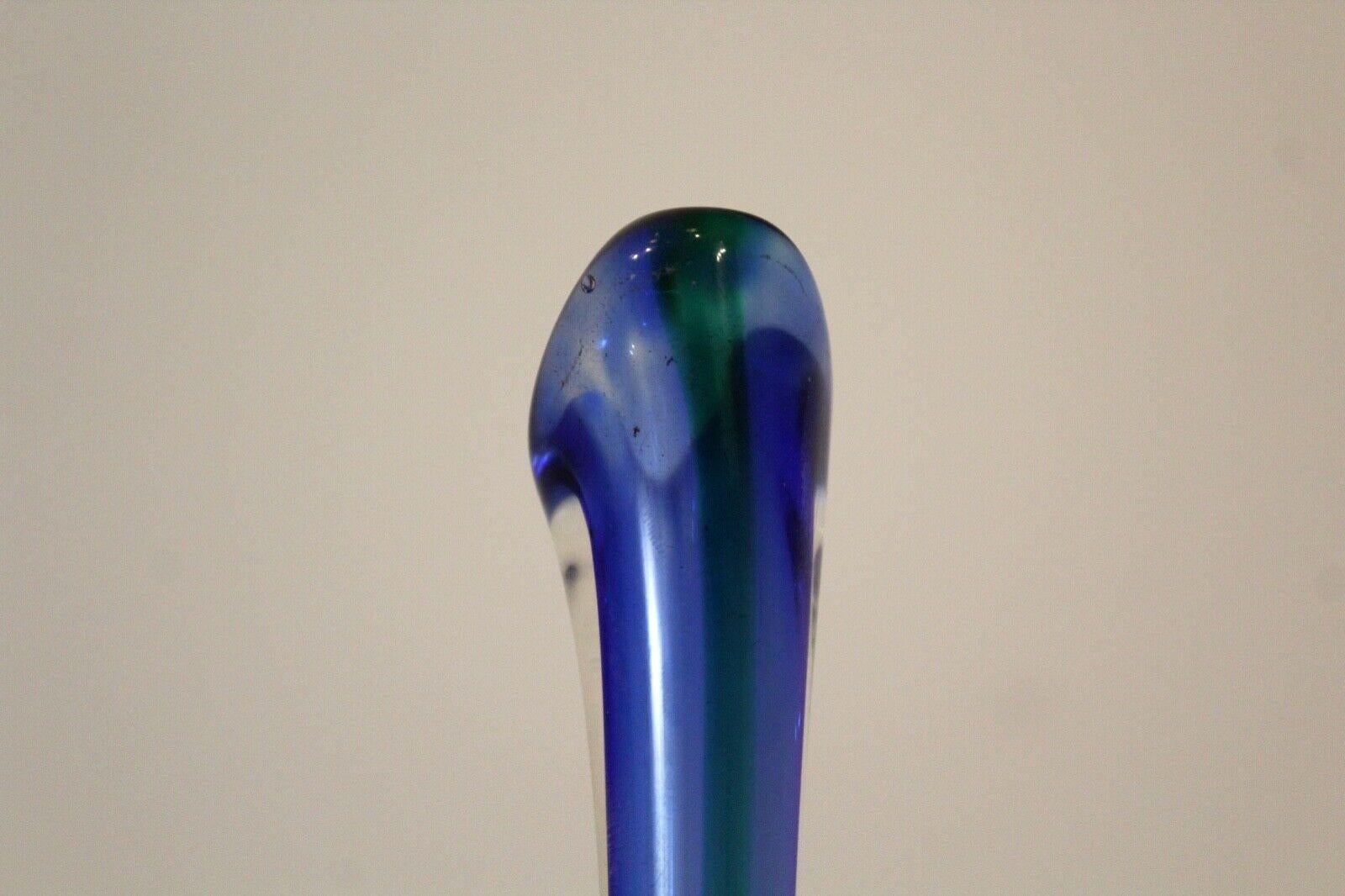 Vintage Blown Blue Studio Art Glass Vessel Vase with Long Stem Tagged Nouvel In Good Condition In Keego Harbor, MI