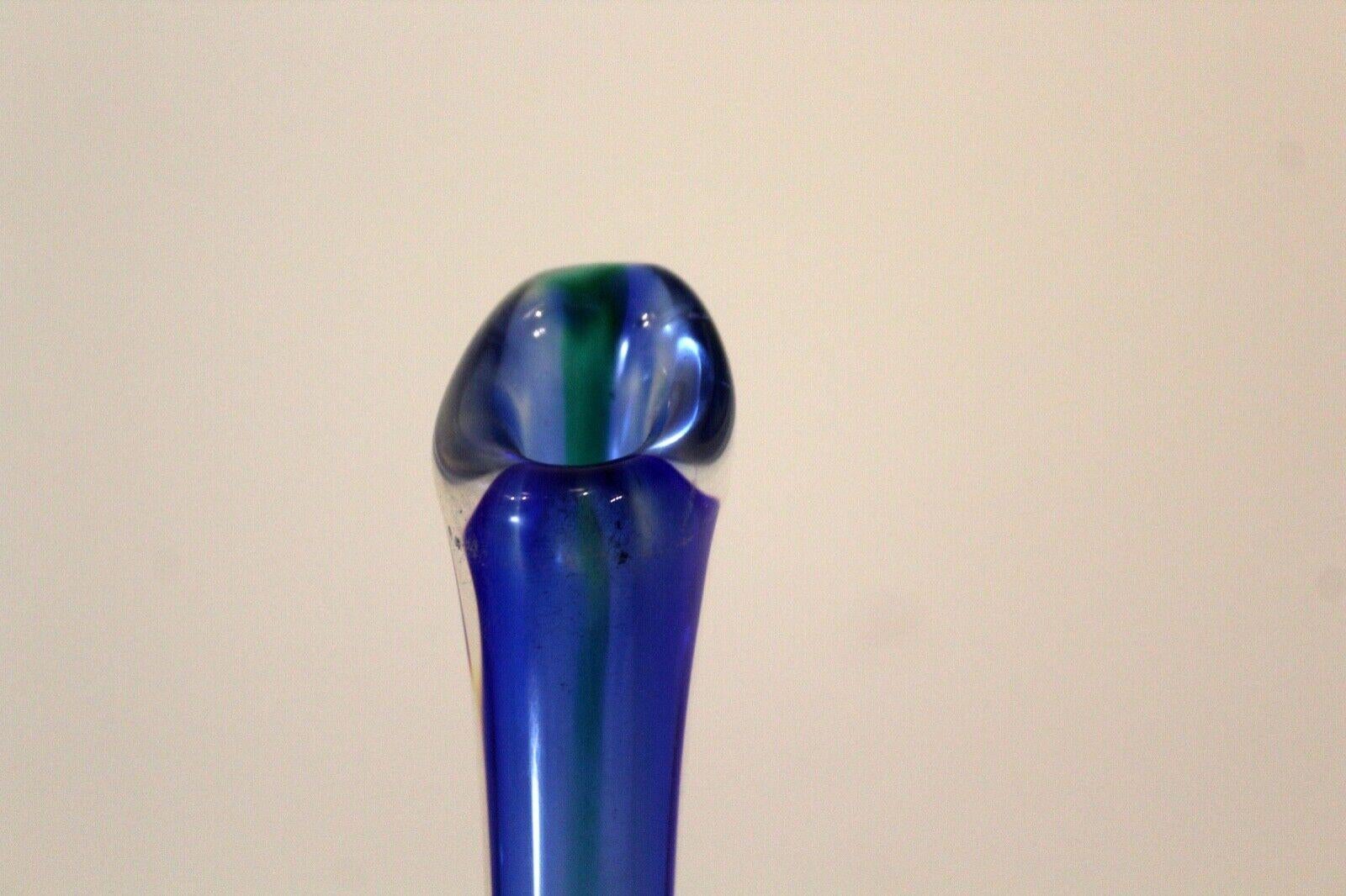 20th Century Vintage Blown Blue Studio Art Glass Vessel Vase with Long Stem Tagged Nouvel