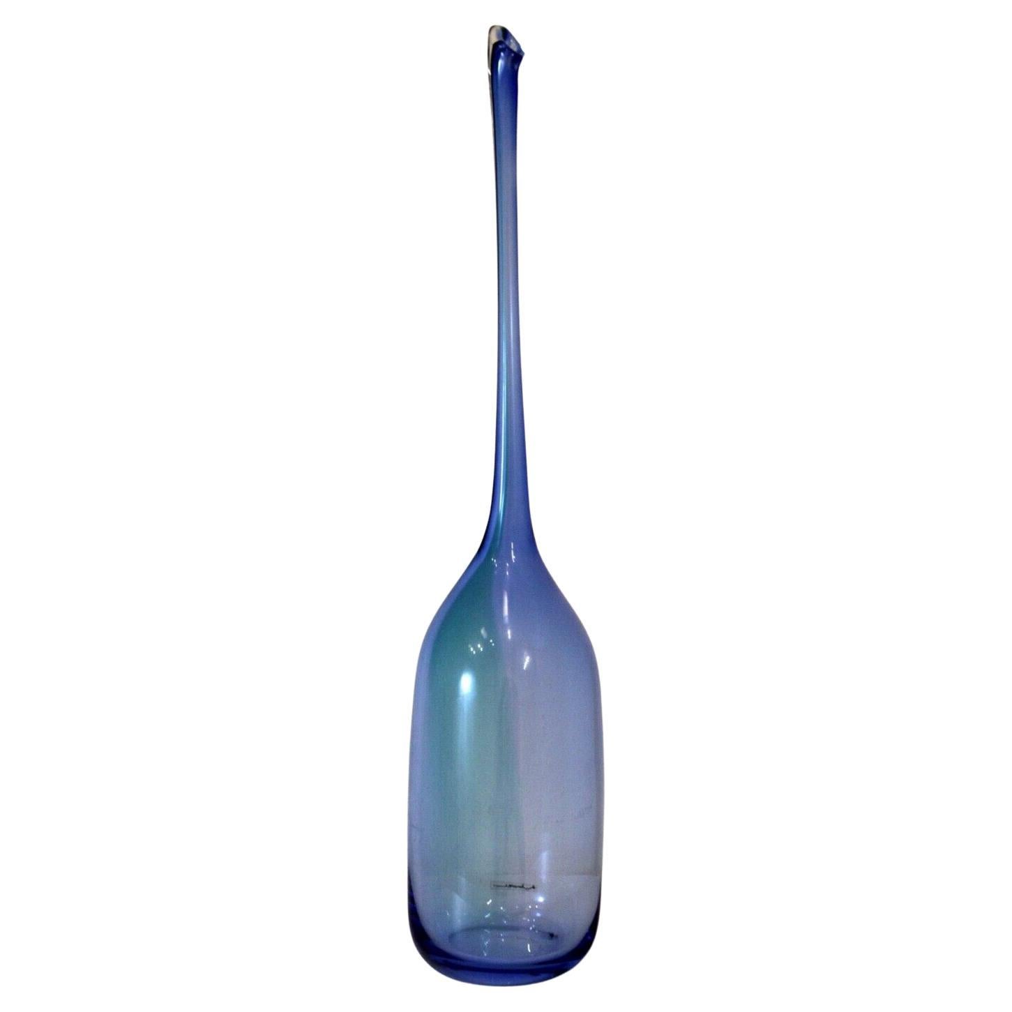 Vintage Blown Blue Studio Art Glass Vessel Vase with Long Stem Tagged Nouvel