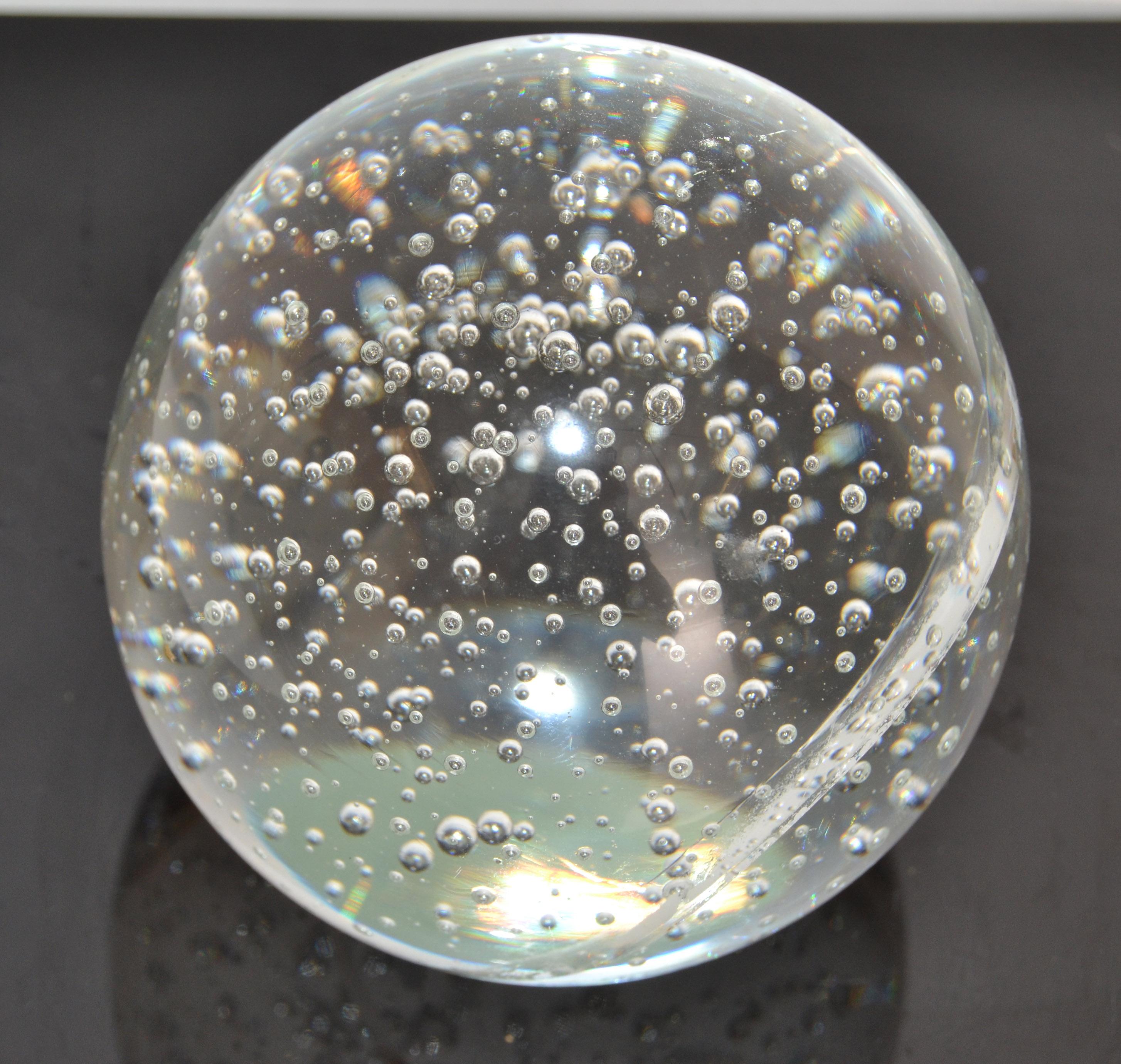 Mid-Century Modern Vintage blown controlled bubbles Murano Art Glass Transparent Paperweight made in Italy.
Great for a Desk as Paperweight, Sculpture or Office Accessory.
Collector's Item from the 1980s Era.
In good vintage condition with a line