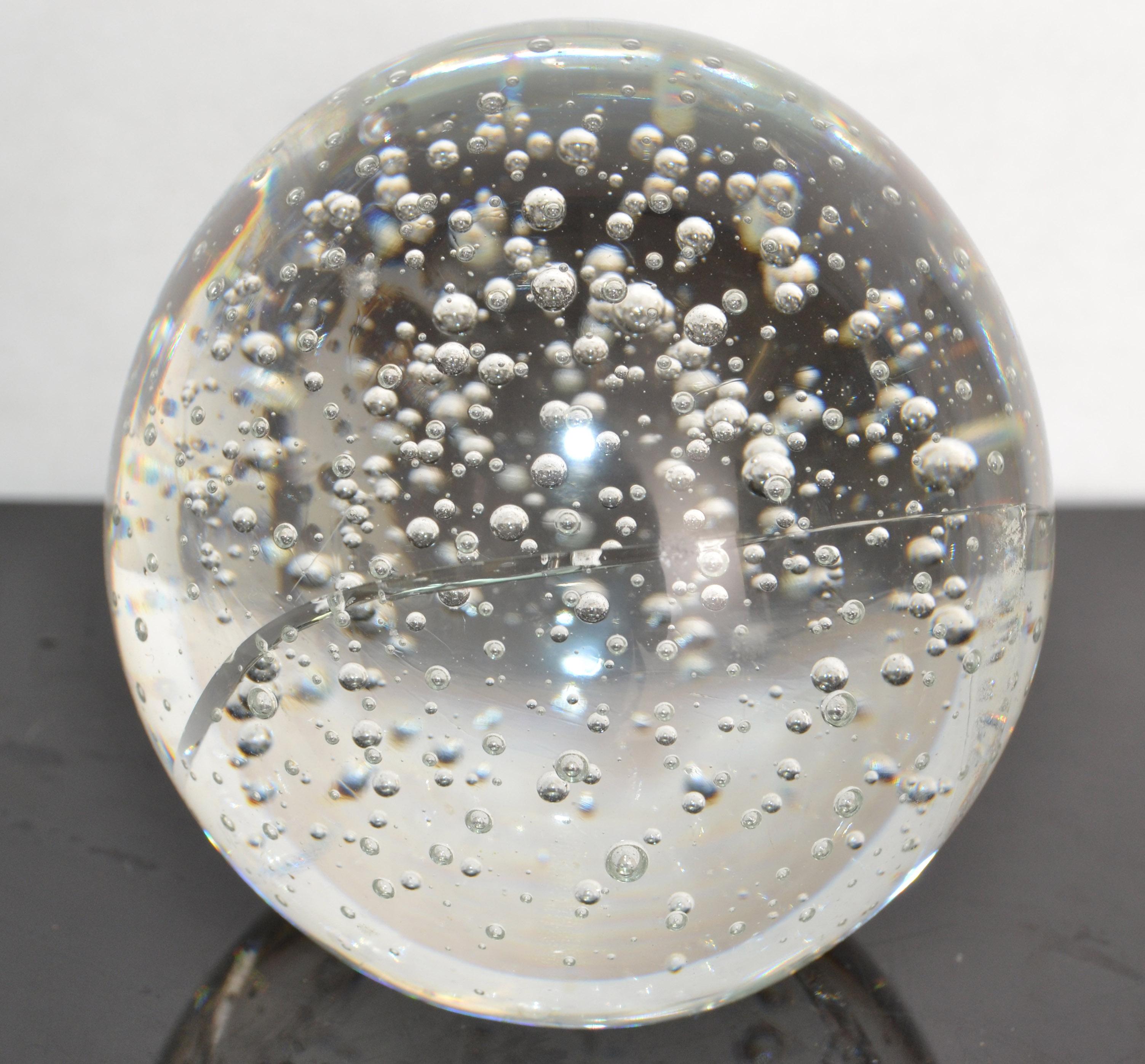 Italian Vintage Blown Controlled Bubbles Murano Art Glass Transparent Paperweight, Italy For Sale