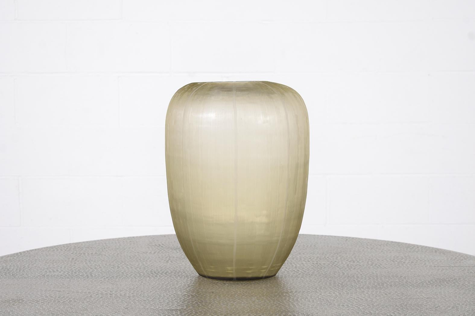 Mid-Century Modern 1960s Guax Glass Co. Smokey Amber Art Vase: Vintage Etched Pinstripe Design