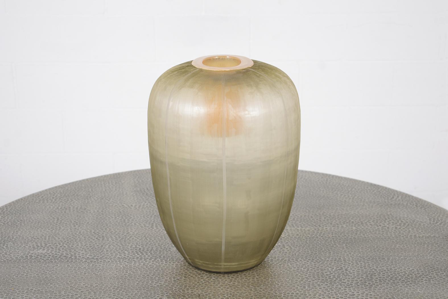German 1960s Guax Glass Co. Smokey Amber Art Vase: Vintage Etched Pinstripe Design
