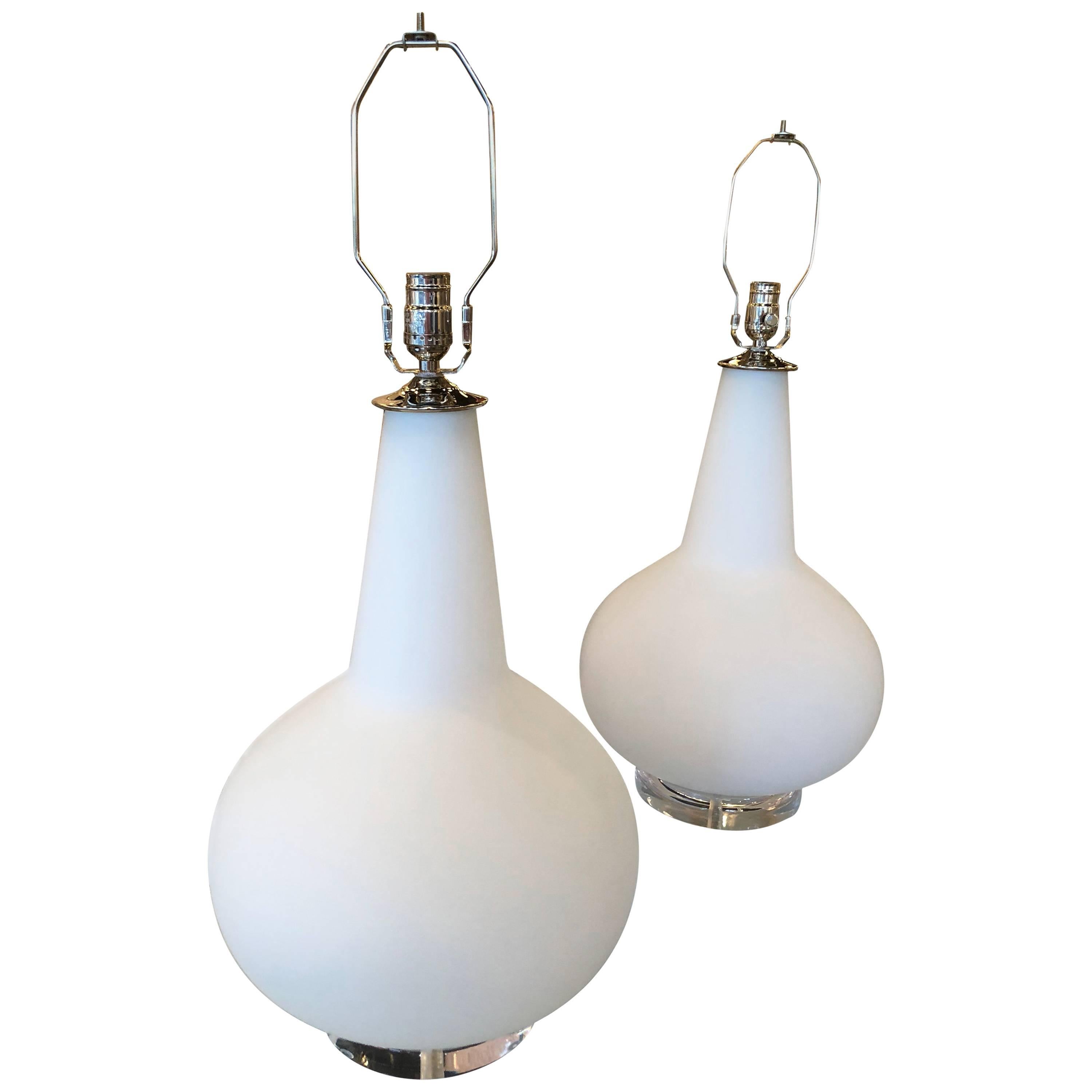 Vintage Blown Glass Murano Italy Table Lamps Pair of Lucite Base Chrome