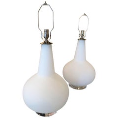 Vintage Blown Glass Murano Italy Table Lamps Pair of Lucite Base Chrome