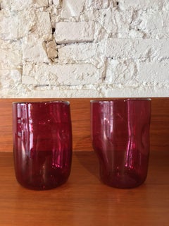 Vintage Blown Pair of Fuchsia Glass Stapled Pinzato Goti Murano, Venezia, Italy