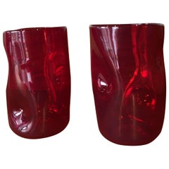 Vintage Blown Pair of Red Glass Stapled Pinzato Goti Murano Venezia, Italy, 1970