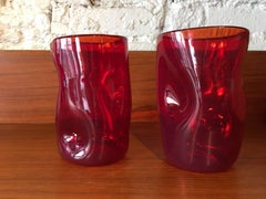 Vintage Blown Pair of Red Glass Stapled Pinzato Goti Murano Venezia, Italy, 1970