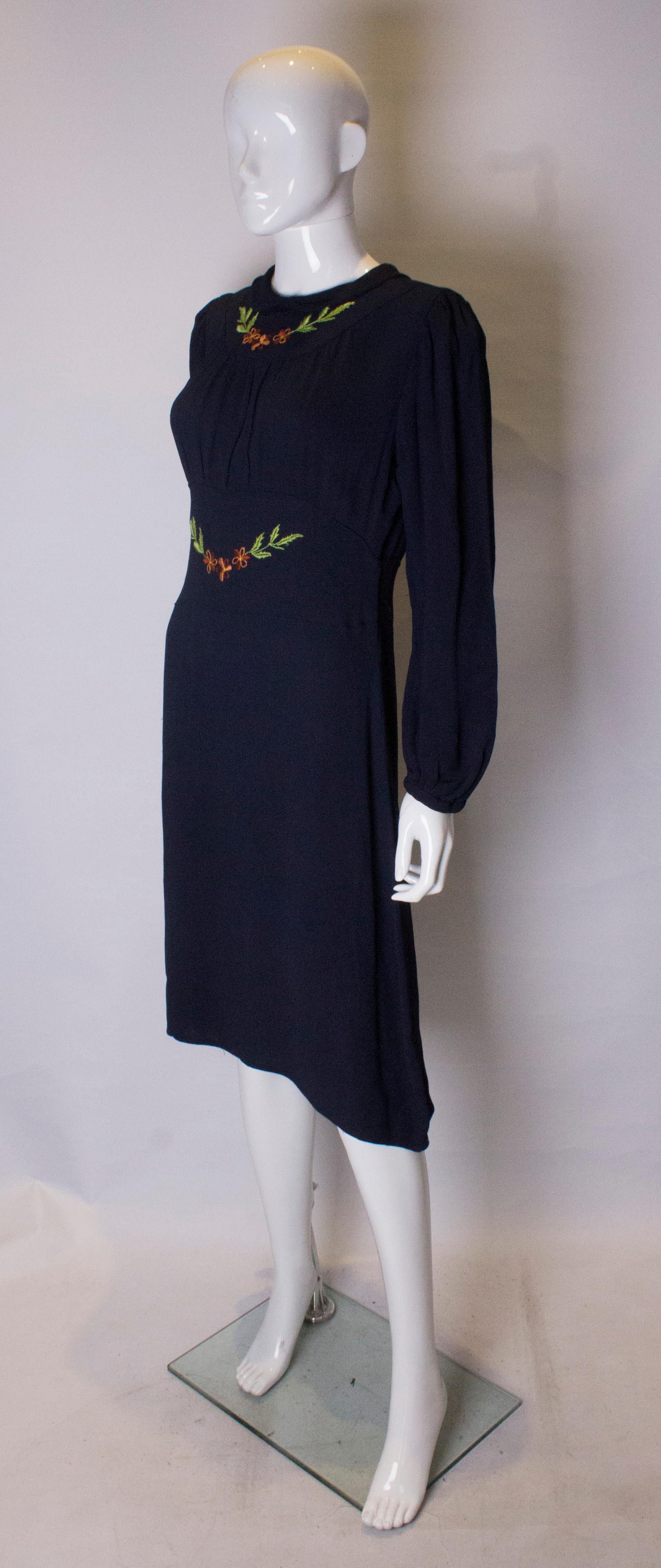 Black Vintage Blue 1940s Day Dress For Sale
