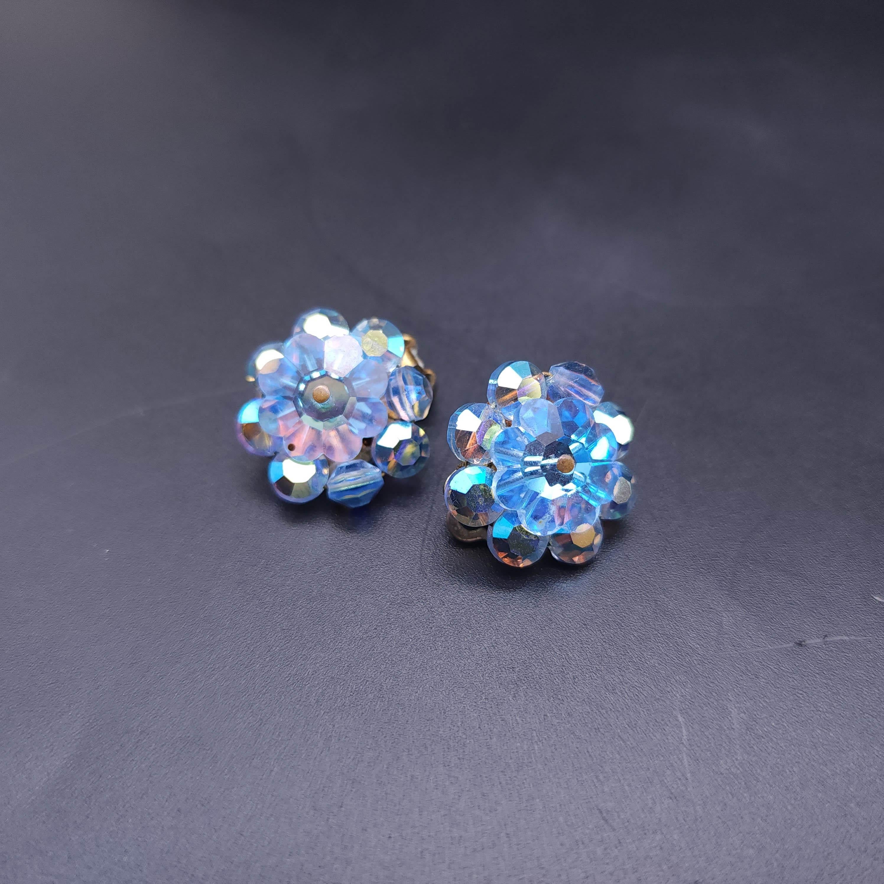 Retro Vintage Blue AB Crystal Demi Parure, Pin & Clip On Earrings, Aurora Borealis For Sale