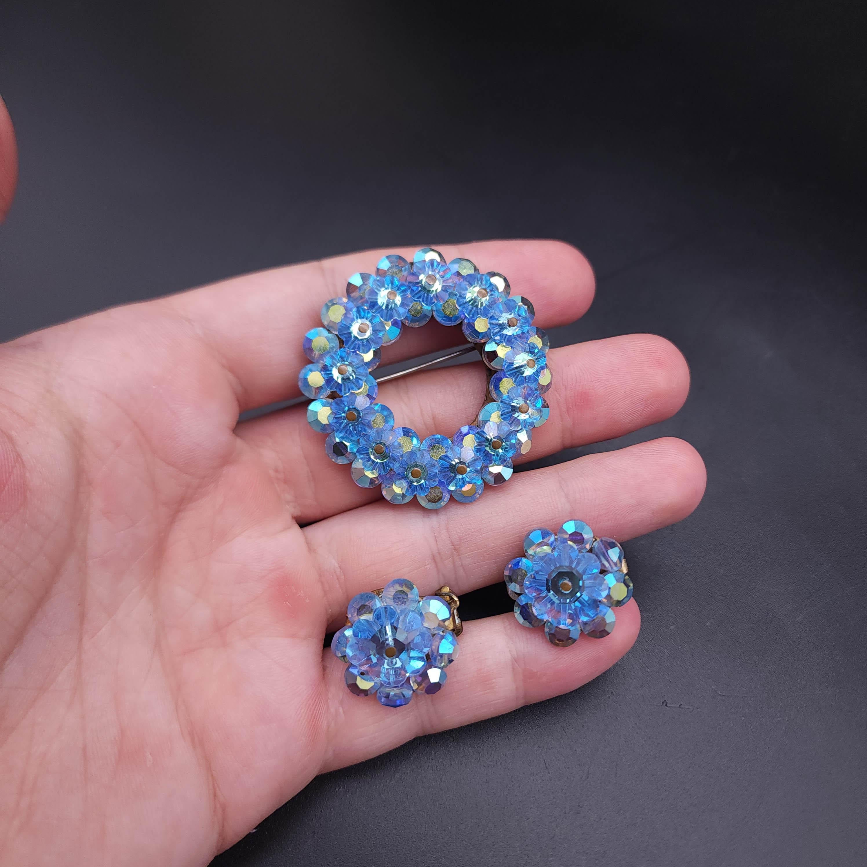 Bead Vintage Blue AB Crystal Demi Parure, Pin & Clip On Earrings, Aurora Borealis For Sale