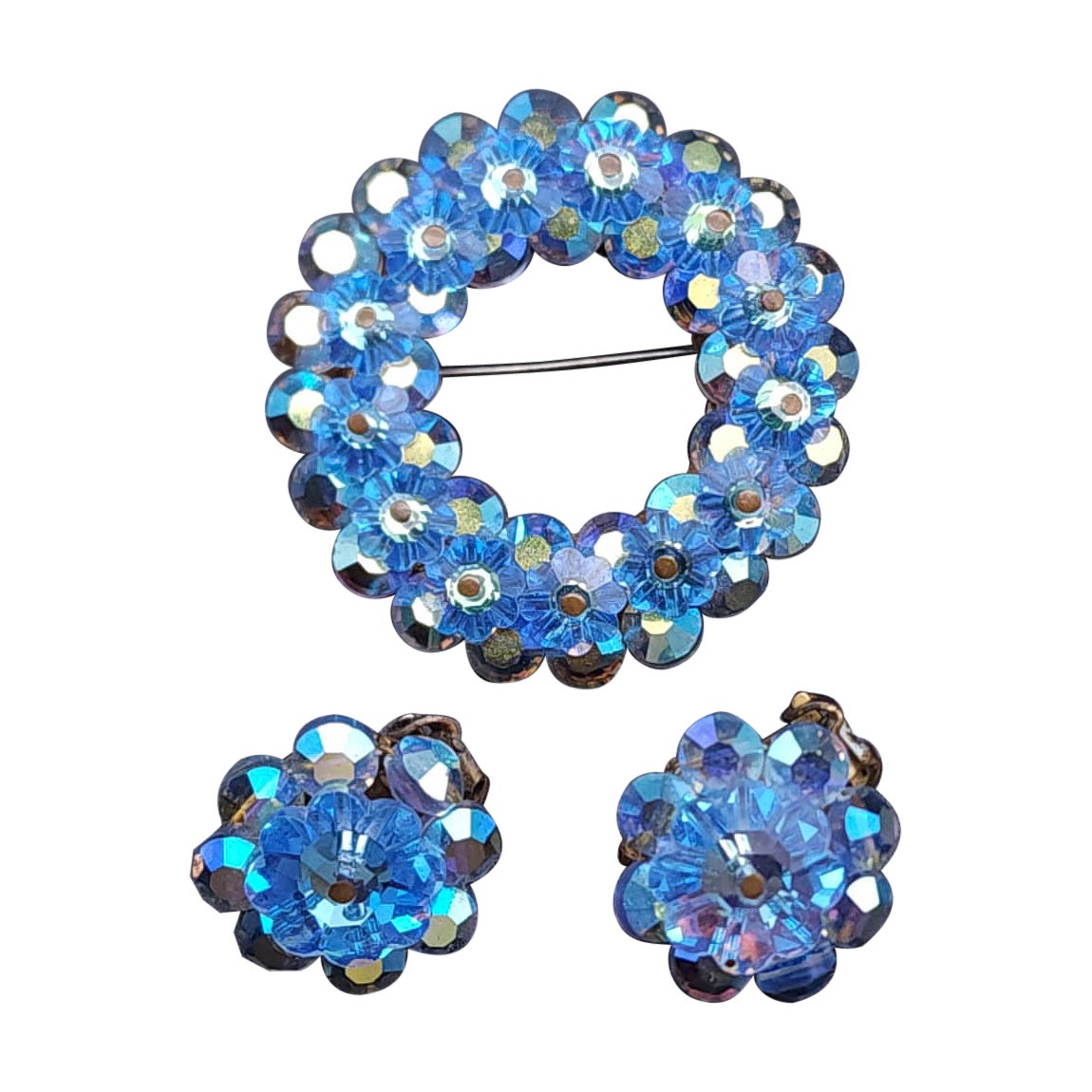 Vintage Azul AB Cristal Demi Parure, Pin & Clip On Pendientes, Aurora Borealis