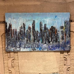 City Landscape Art Abstract Modern Blue Oil Painting on Wood