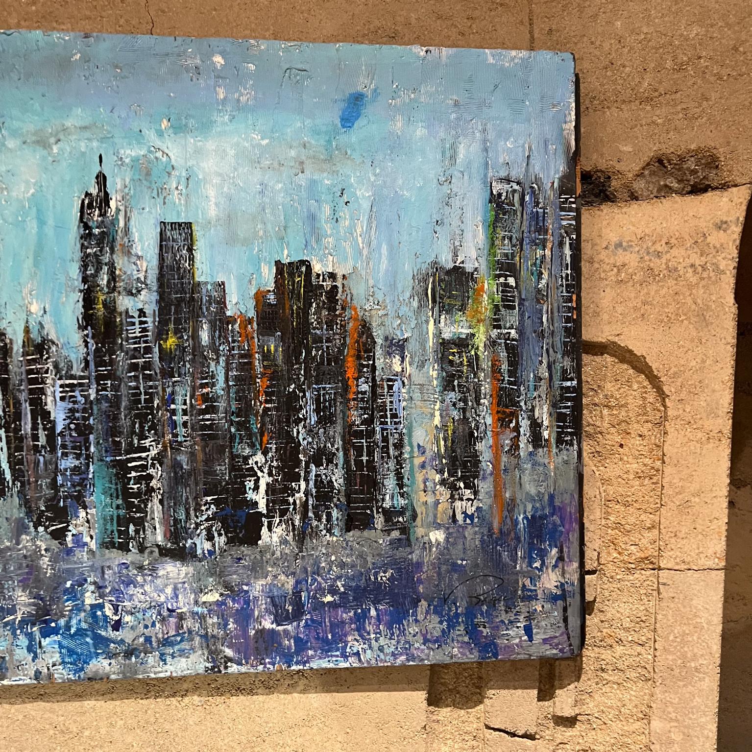  Modern Abstract City Landscape Art Blue Oil Painting In Good Condition For Sale In Chula Vista, CA