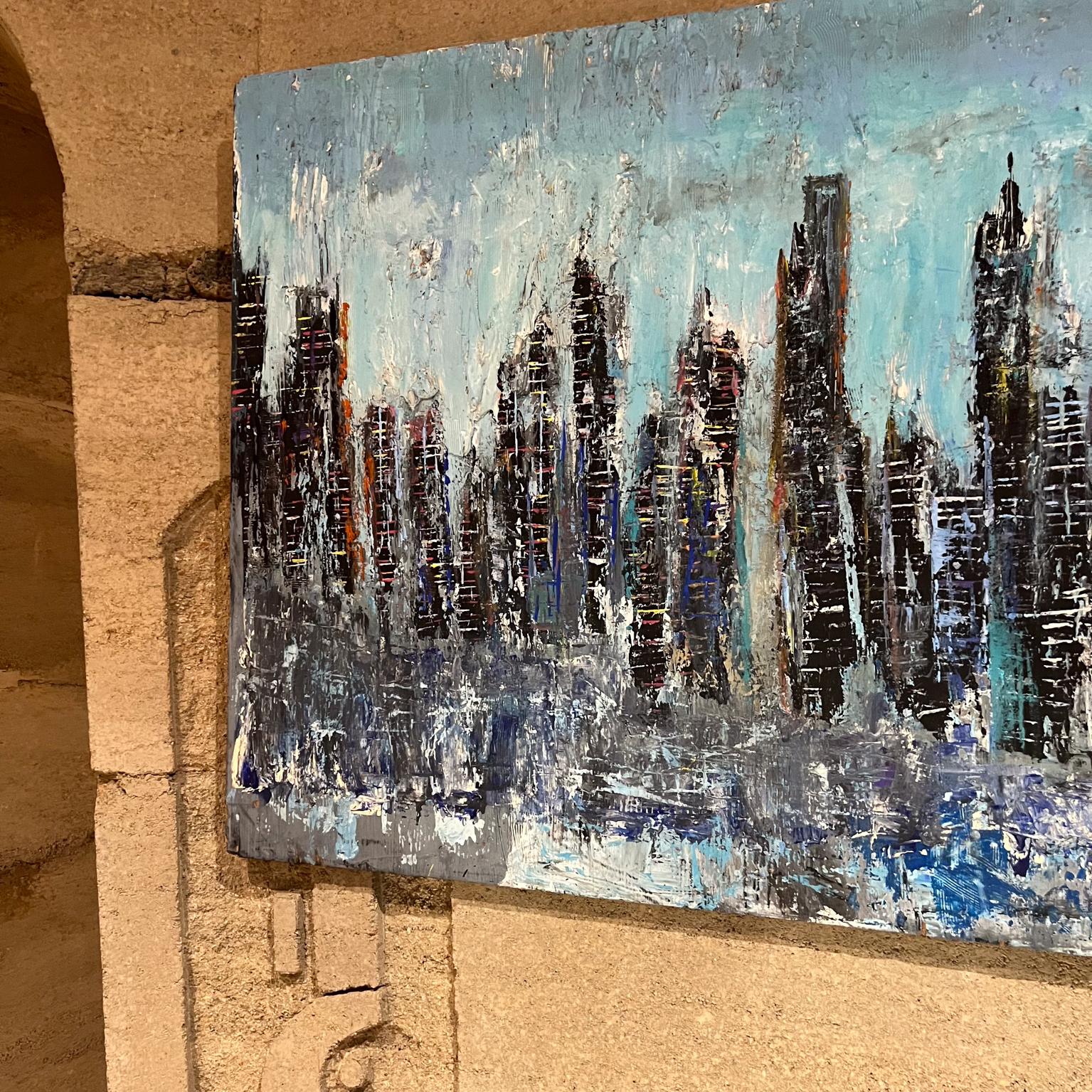 20th Century  Modern Abstract City Landscape Art Blue Oil Painting For Sale