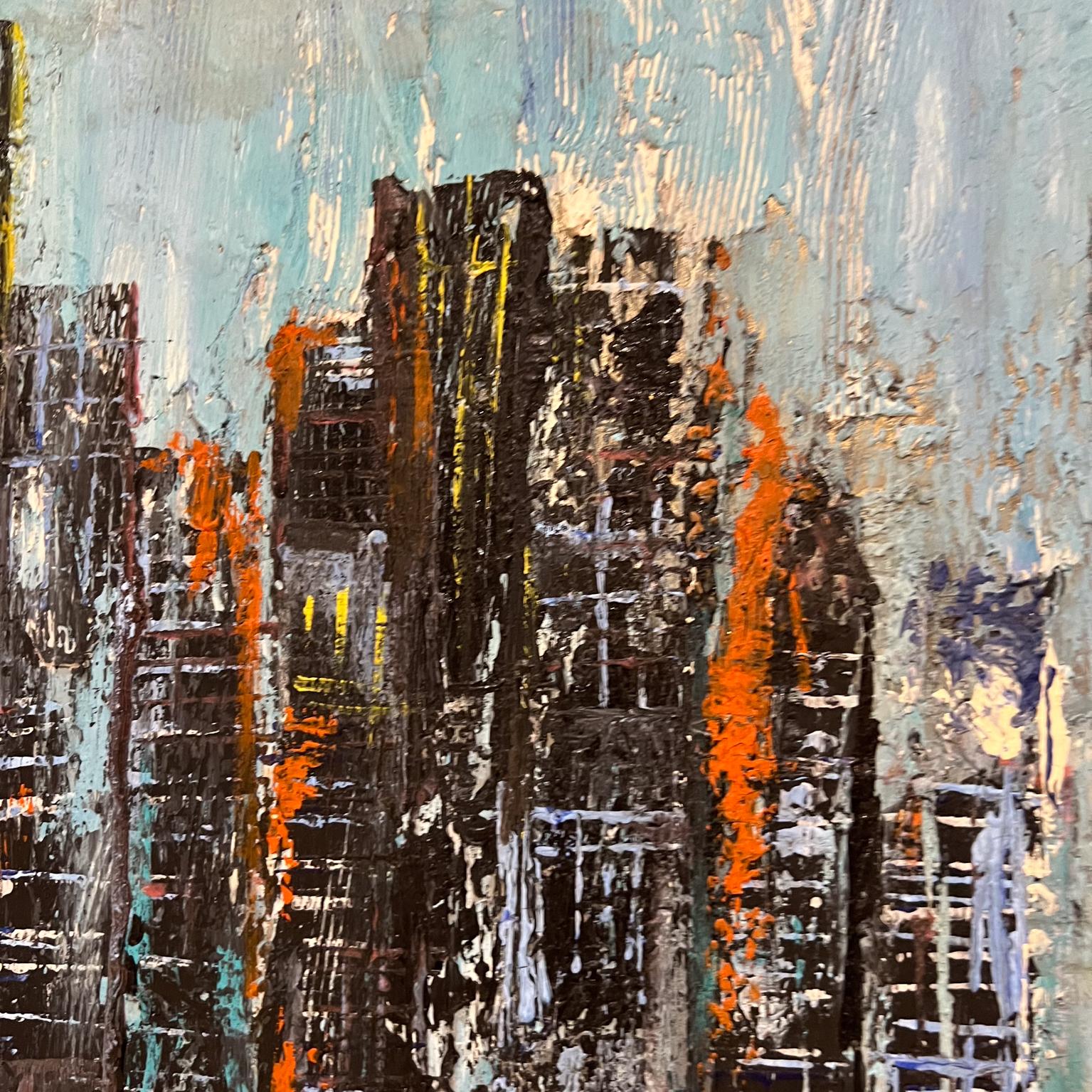  Modern Abstract City Landscape Art Blue Oil Painting For Sale 1