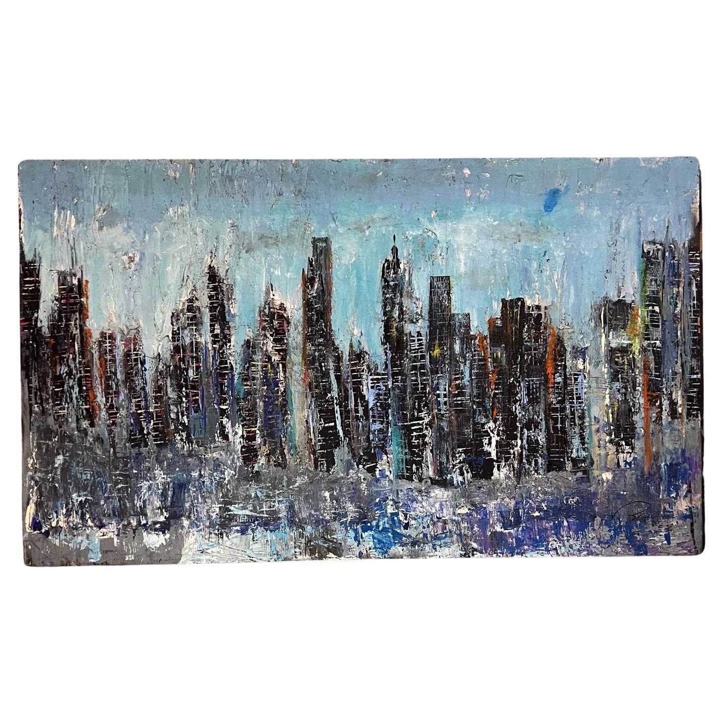 Ciudad Paisaje Arte Abstracto Azul Moderno Pintura al Óleo sobre Madera