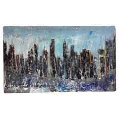 Vintage  Modern Abstract City Landscape Art Blue Oil Painting