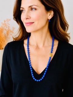 Vintage Blue Agate Bead Necklace, Gold Clasp, 71 cm Length, 53 grams