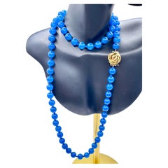 Vintage Blue Agate Bead Necklace, Gold Clasp, 71 cm Length, 53 grams