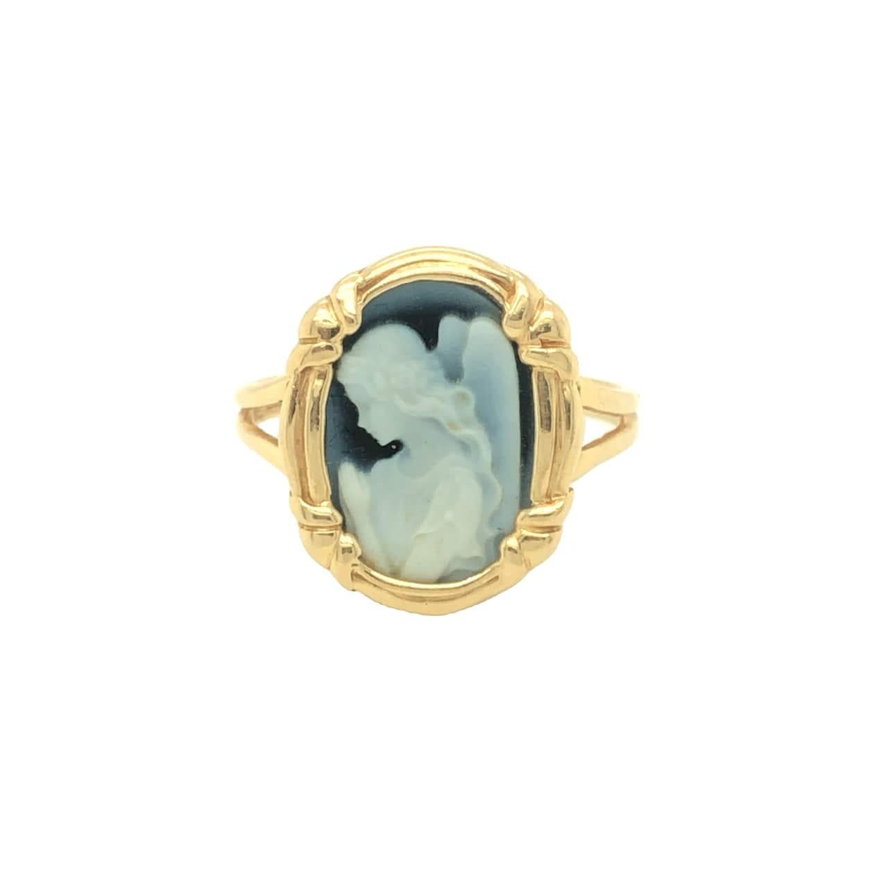 Women's Vintage Blue Agate Cameo Praying 'Guardian' Angel 14K Yellow Gold Ring