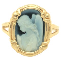 Vintage Blue Agate Cameo Praying 'Guardian' Angel 14K Yellow Gold Ring