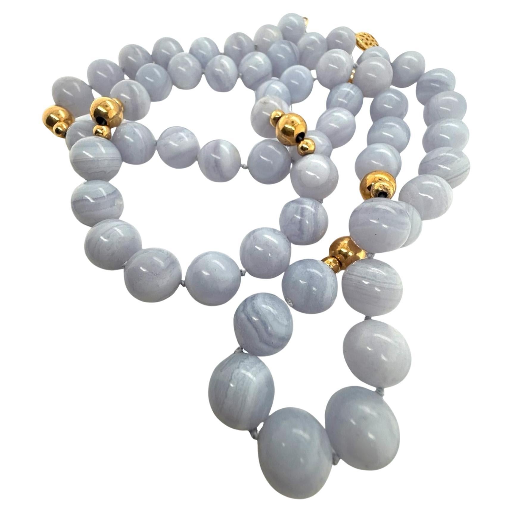 Vintage Blue Agate Gold Bead Necklace 14K