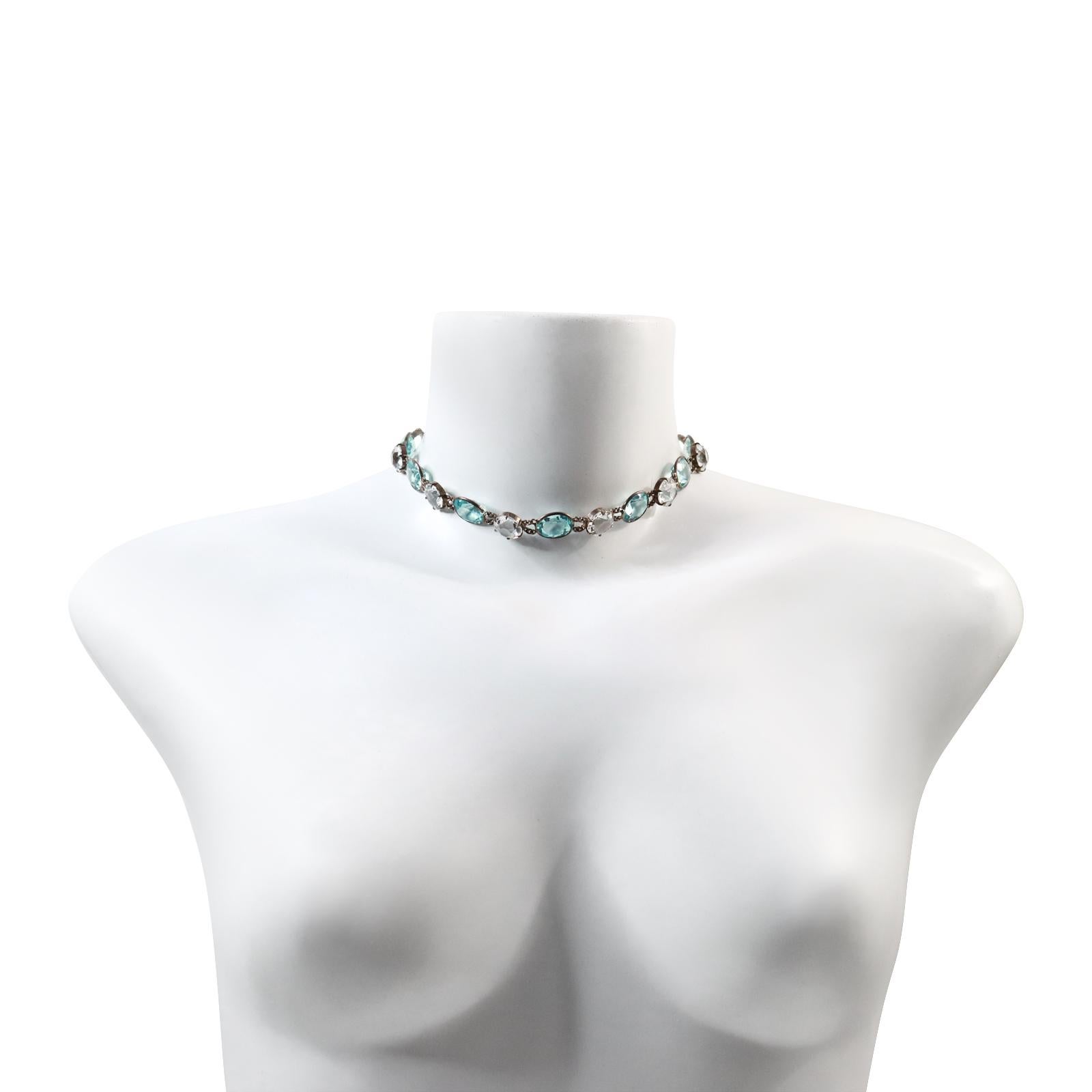 Vintage Blue And Clear Open Back Crystal Choker Necklace Circa 1960s In Good Condition For Sale In New York, NY