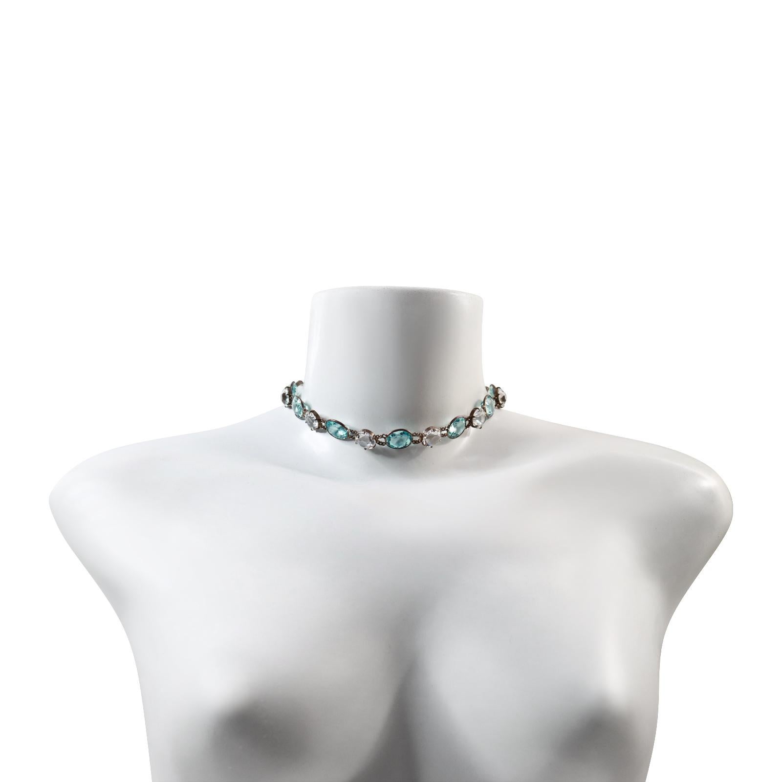 Women's or Men's Vintage Blue And Clear Open Back Crystal Choker Necklace Circa 1960s For Sale