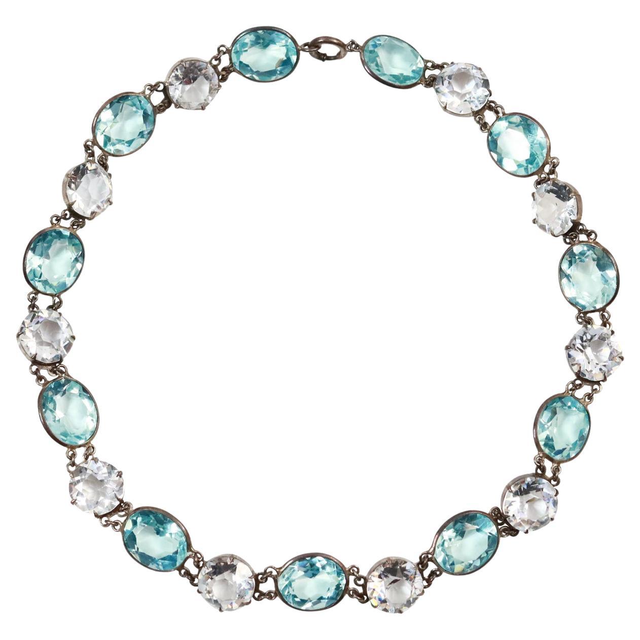 Choker-Halskette aus blauem und klarem Kristall mit offenem Rücken, ca. 1960er Jahre