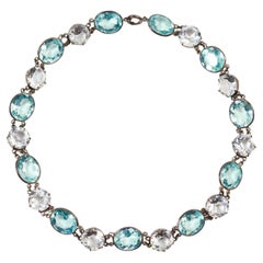 Choker-Halskette aus blauem und klarem Kristall mit offenem Rücken, ca. 1960er Jahre