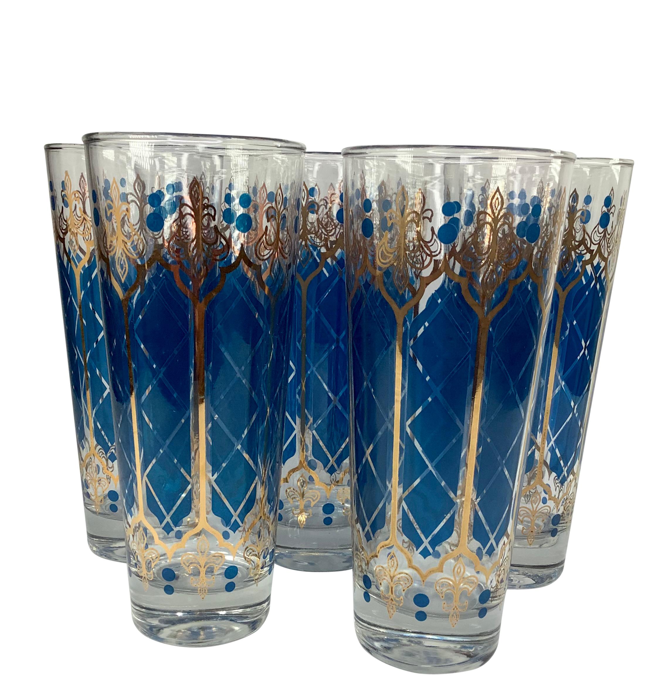 Mid-Century Modern Vintage Blue and Gold Decorated Cocktail Set - Set of 17 For Sale