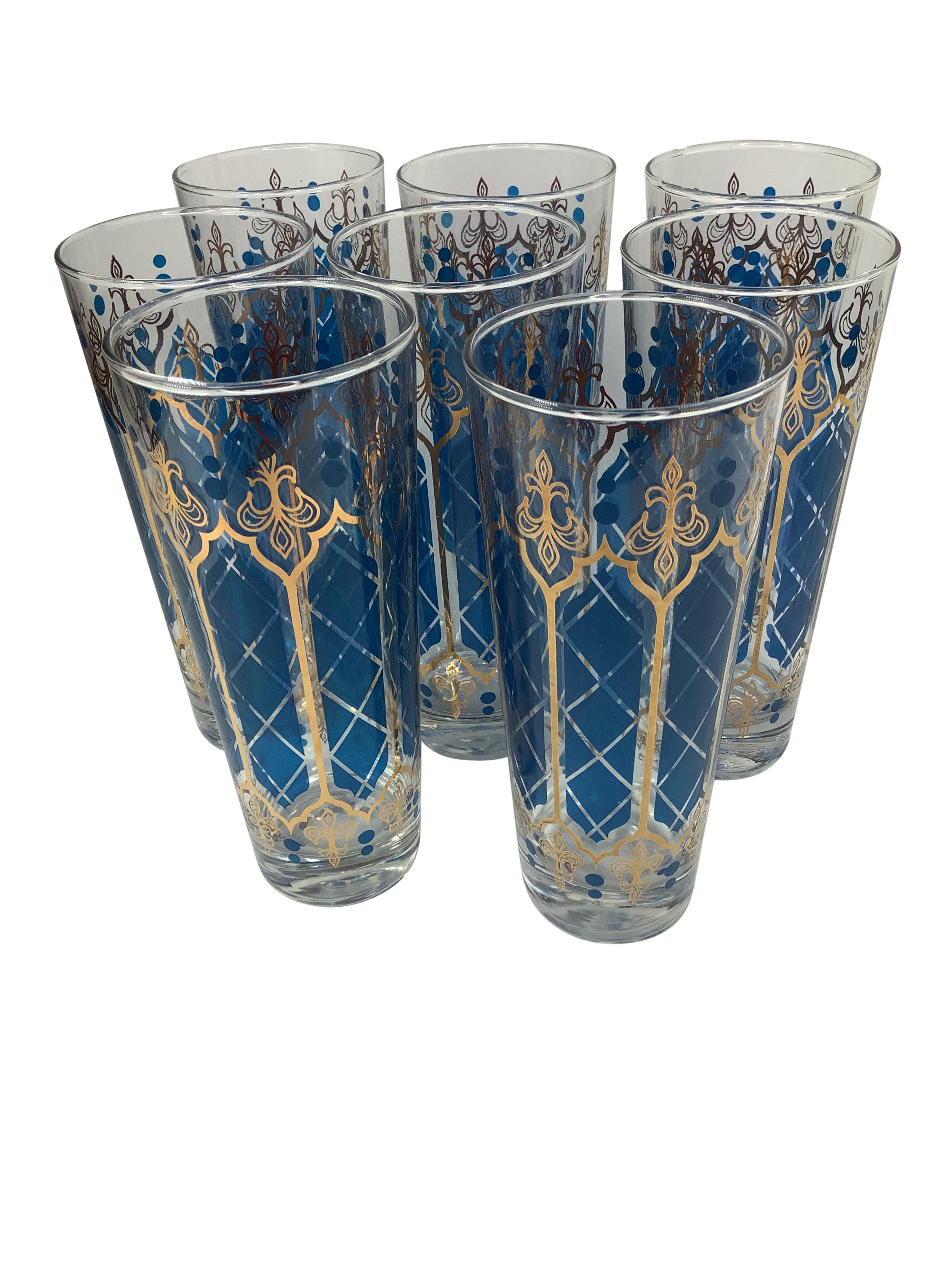 American Vintage Blue and Gold Decorated Cocktail Set - Set of 17 For Sale