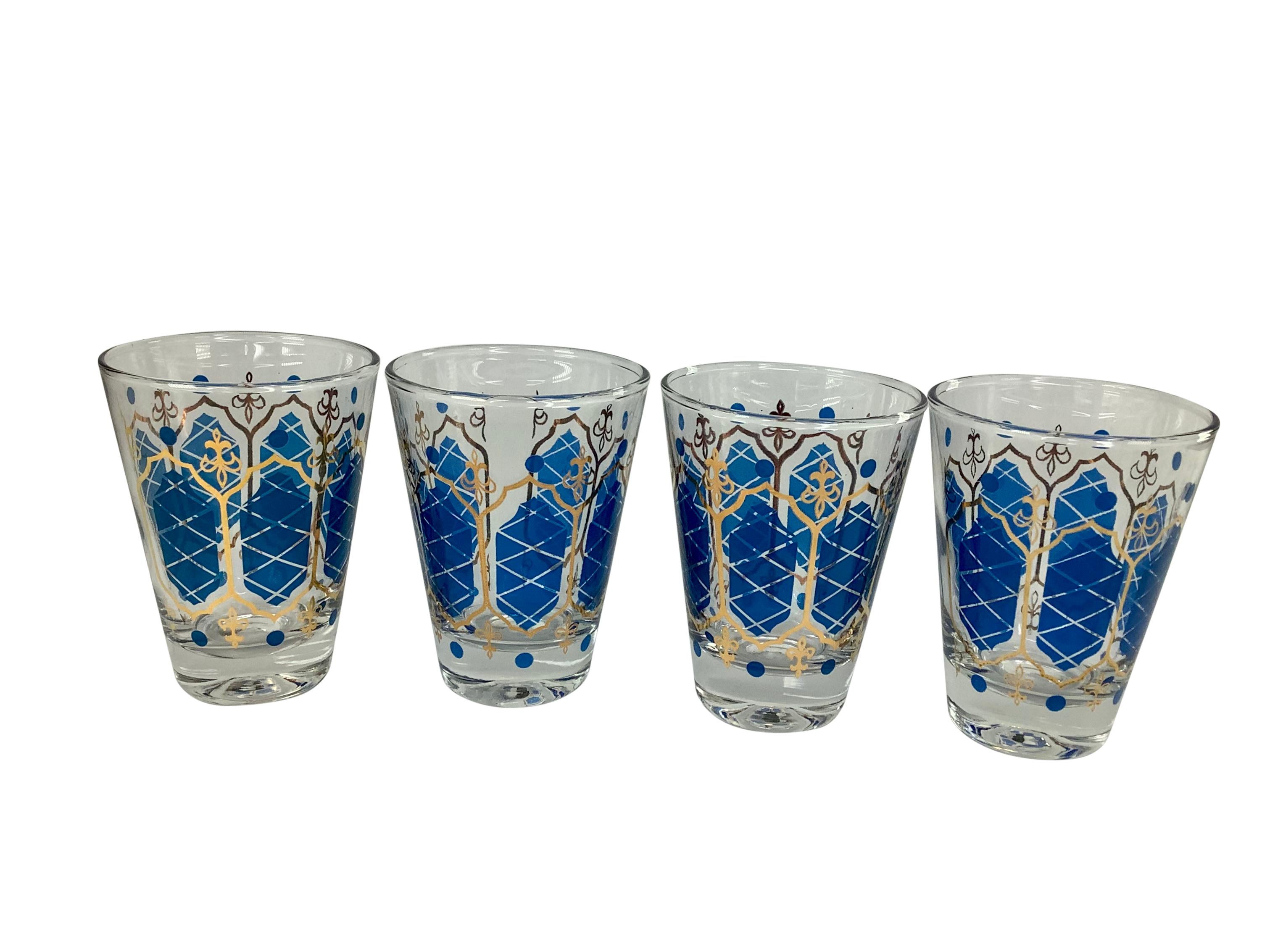 Vintage Blue and Gold Decorated Cocktail Set - Set of 17 In Good Condition For Sale In Chapel Hill, NC