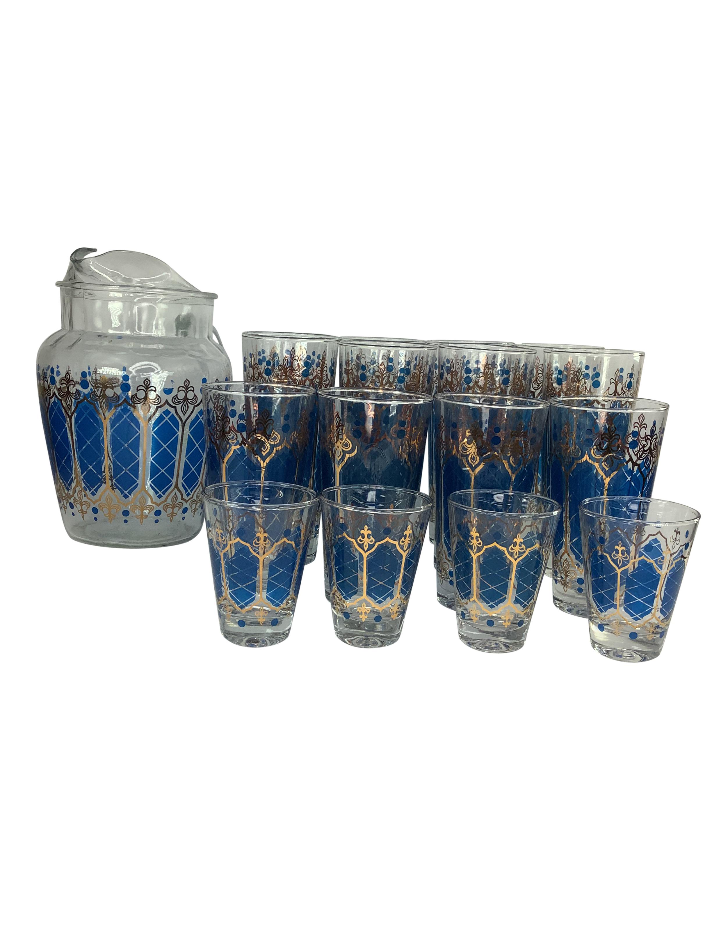 Vintage Blue and Gold Decorated Cocktail Set - Set of 17 For Sale