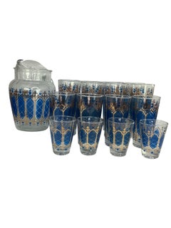 Ensemble de cocktail vintage décoré en bleu et or - Lot de 17
