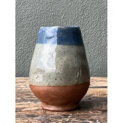 Jarrón de cerámica vintage azul y gris
